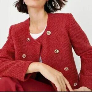 Ann Taylor blazer Tweed Crew Neck Double Breasted Jacket Bright Brick